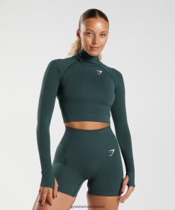 Gymshark Sale Ireland J6J4BH432 Gymshark Women Vital Seamless 2.0 High Neck Midi Top Woodland Green Marl