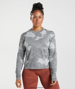 Gymshark Sale Ireland J6J4BH465 Gymshark Women Adapt Camo Seamless Long Sleeve Top Light Grey/Black