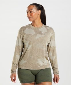 Gymshark Sale Ireland J6J4BH477 Gymshark Women Adapt Camo Seamless Long Sleeve Top Pebble Grey/Soul Brown