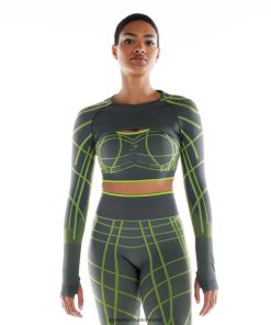 Gymshark Sale Ireland J6J4BH490 Gymshark Women Wtflex Linear Seamless Long Sleeve Shrug Charcoal Grey/Fluo Green/Light Grey