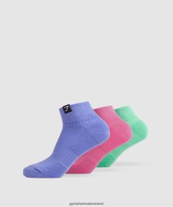 Gymshark Sale J6J4BH1107 Gymshark Unisex Woven Tab Quarter Socks 3pk Fuchsia/Blue/Grape Blue