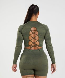 Gymshark Sale J6J4BH452 Gymshark Women Adapt Camo Seamless Lace Up Back Top Moss Olive/Core Olive