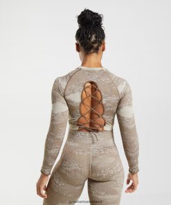 Gymshark Sale J6J4BH458 Gymshark Women Adapt Camo Seamless Lace Up Back Top Pebble Grey/Soul Brown